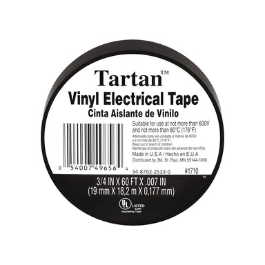 3M Tartan 1710 black vinyl electrical tape roll top view showing product label 3/4 inch by 60 feet UL listed 600V rated