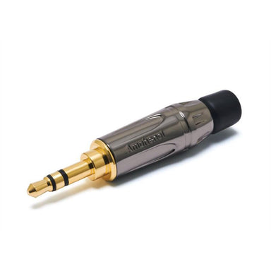 Amphenol 3.5mm field installable gold-plated audio plug connector with black housing angled view on white background