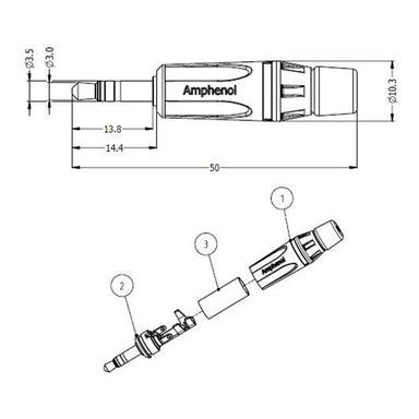 Amphenol 3.5mm field installable plug technical drawing with dimensions and exploded assembly view showing internal components