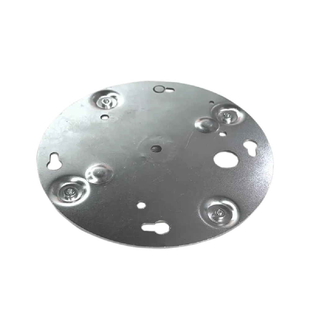 Astera Adapter Disk to insert AX3 LightDrop into AX5 Dome round stainless steel plate with mounting holes and screws on transparent background