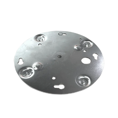 Astera Adapter Disk to insert AX3 LightDrop into AX5 Dome round stainless steel plate with mounting holes and screws on transparent background