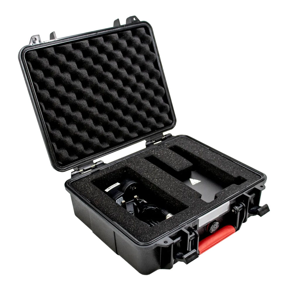 Astera ART7 plastic transportation case open showing foam inserts and compartments for AsteraBox DMX adapter and power supply with red latch on transparent background