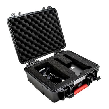 Astera ART7 plastic transportation case open showing foam inserts and compartments for AsteraBox DMX adapter and power supply with red latch on transparent background