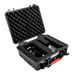 Astera ART7 plastic transportation case open showing foam inserts and compartments for AsteraBox DMX adapter and power supply with red latch on transparent background