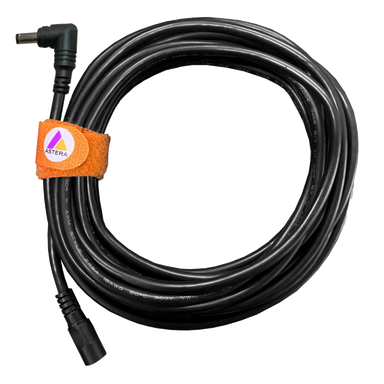 Astera AX1 single extension cable 5m male to female DC barrel connector coiled black cable with orange Astera velcro tie on transparent background