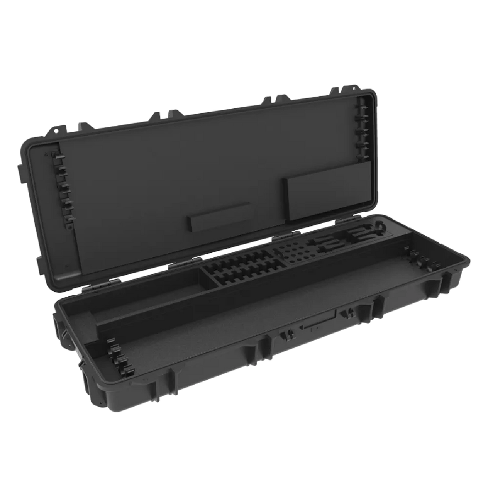 Astera AX1 PixelTube Charging Case open black hard case with wheels foam inserts and charging box compartment on transparent background