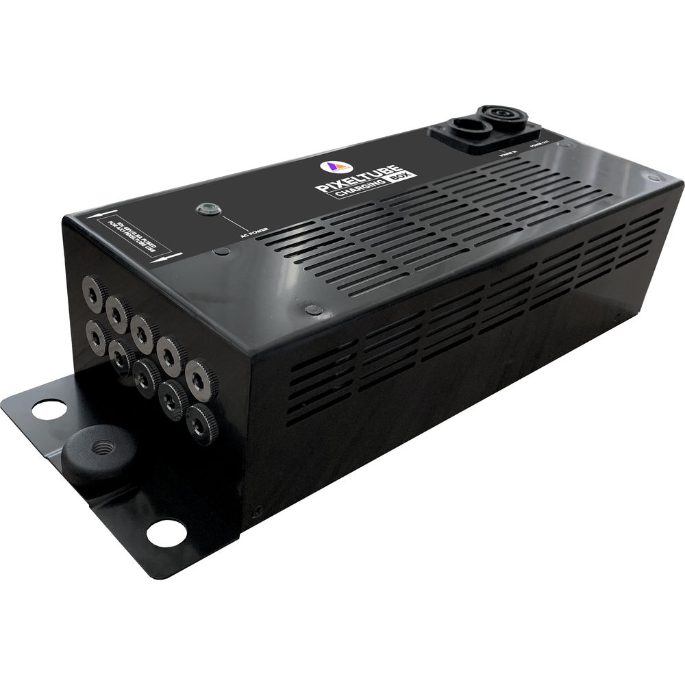 Astera AX1 PixelTube ChargingBox black power supply unit with multiple DC barrel output connectors PowerCon input and mounting bracket on white background
