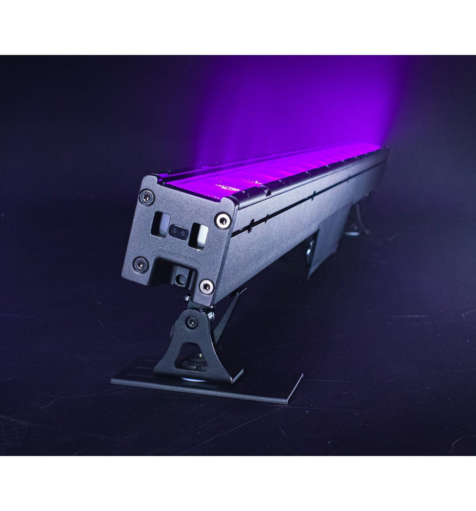 Astera AX2 PixelBar 1m close up showing purple magenta LED light endcap with mounting bracket on dark background