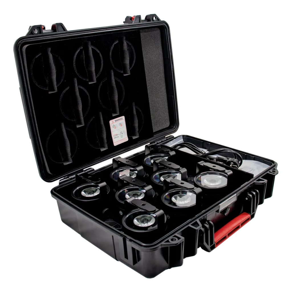 Astera AX3 LightDrop Charging Case fully loaded with eight LED light units accessories and cables in black hard case on transparent background