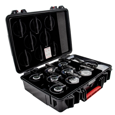 Astera AX3 LightDrop Charging Case fully loaded with eight LED light units accessories and cables in black hard case on transparent background
