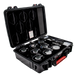 Astera AX3 LightDrop Charging Case fully loaded with eight LED light units accessories and cables in black hard case on transparent background