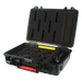 Astera AX3 LightDrop Charging Case open black hard case with foam cutouts for eight units DC charging connectors and red latches on transparent background
