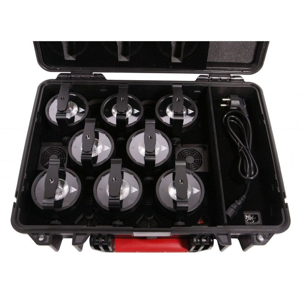 Astera AX3 Lightdrop charging case set of 8 open showing all fixtures and power cord