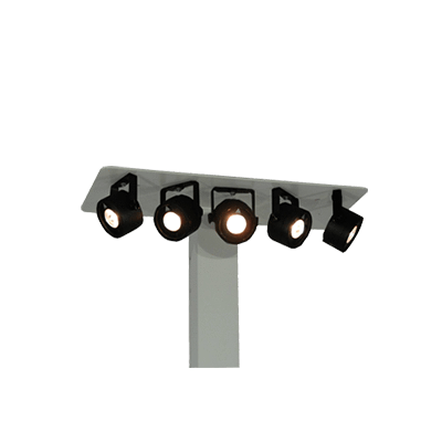Astera AX3 Lightdrop multiple fixtures mounted on T-bar stand with some illuminated for stage lighting