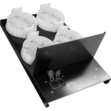 Astera AX5 TriplePAR charging plate rear angle view showing black metal base with four white circular PixelBrick holder cradles powerCON input output connectors mounting hardware and ventilation slots for charging and storing Astera AX5 TriplePAR LED lights