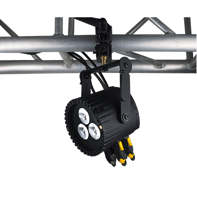 Astera AX5 TriplePAR mounted on truss clamp showing PowerCon True1 connectors stage lighting entertainment rigging installation