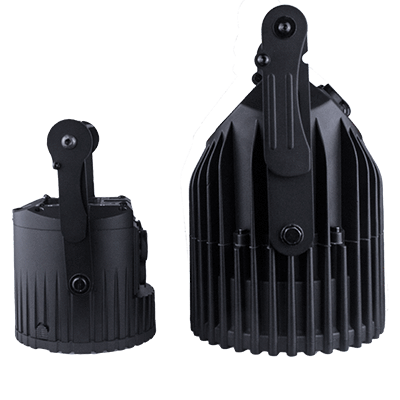 Astera AX5 TriplePAR rear back view showing heat sink fins aluminum housing multiple fixtures grouped together battery powered LED PAR