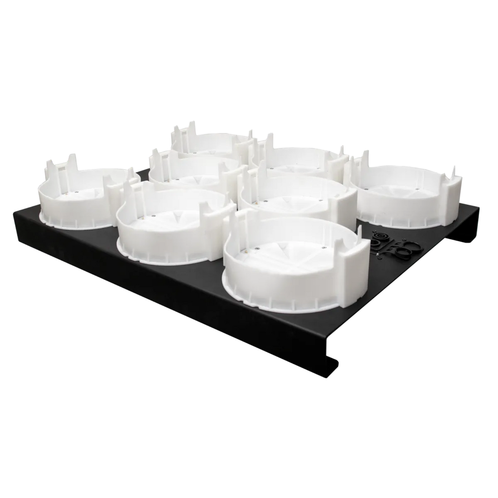 Astera AX9 Charging Plate with eight white contactless charging cradles on black base with PowerCON connector on transparent background