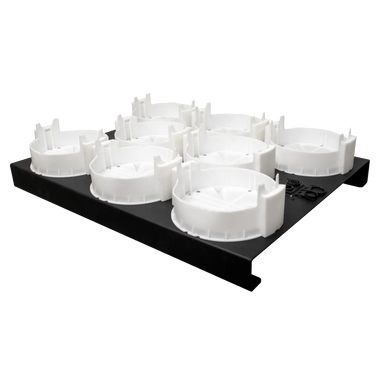 Astera AX9 Charging Plate with eight white contactless charging cradles on black base with PowerCON connector on transparent background