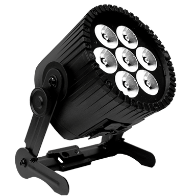 Astera AX9 PowerPAR front angle view showing black LED wash light with seven bright white illuminated lenses reflectors cooling fins yoke mounting bracket and adjustable floor stand base for professional wireless film and event lighting on transparent background