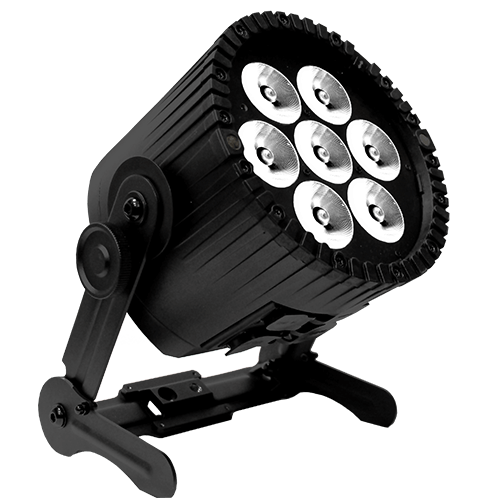 Astera AX9 PowerPAR front angle view showing black LED wash light with seven bright white illuminated lenses reflectors cooling fins yoke mounting bracket and adjustable floor stand base for professional wireless film and event lighting on transparent background