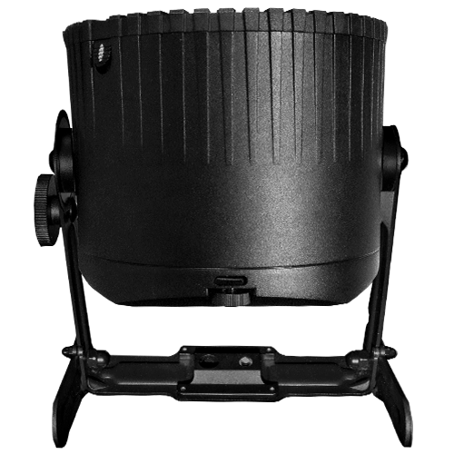 Astera AX9 PowerPAR rear top angle view showing black cylindrical LED wash light housing with vertical ribbed cooling fins yoke mounting bracket tilt lock knobs and floor stand base for professional wireless film and event lighting on transparent background