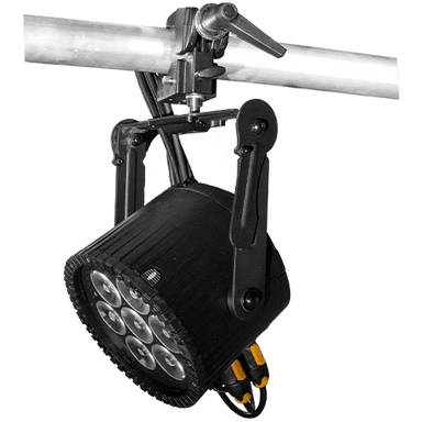 Astera AX9 PowerPAR LED wash light mounted on aluminum truss pipe via clamp hanging downward showing black housing with seven bright LED lenses yoke bracket and orange powerCON input output connectors for professional wireless film and event lighting on transparent background