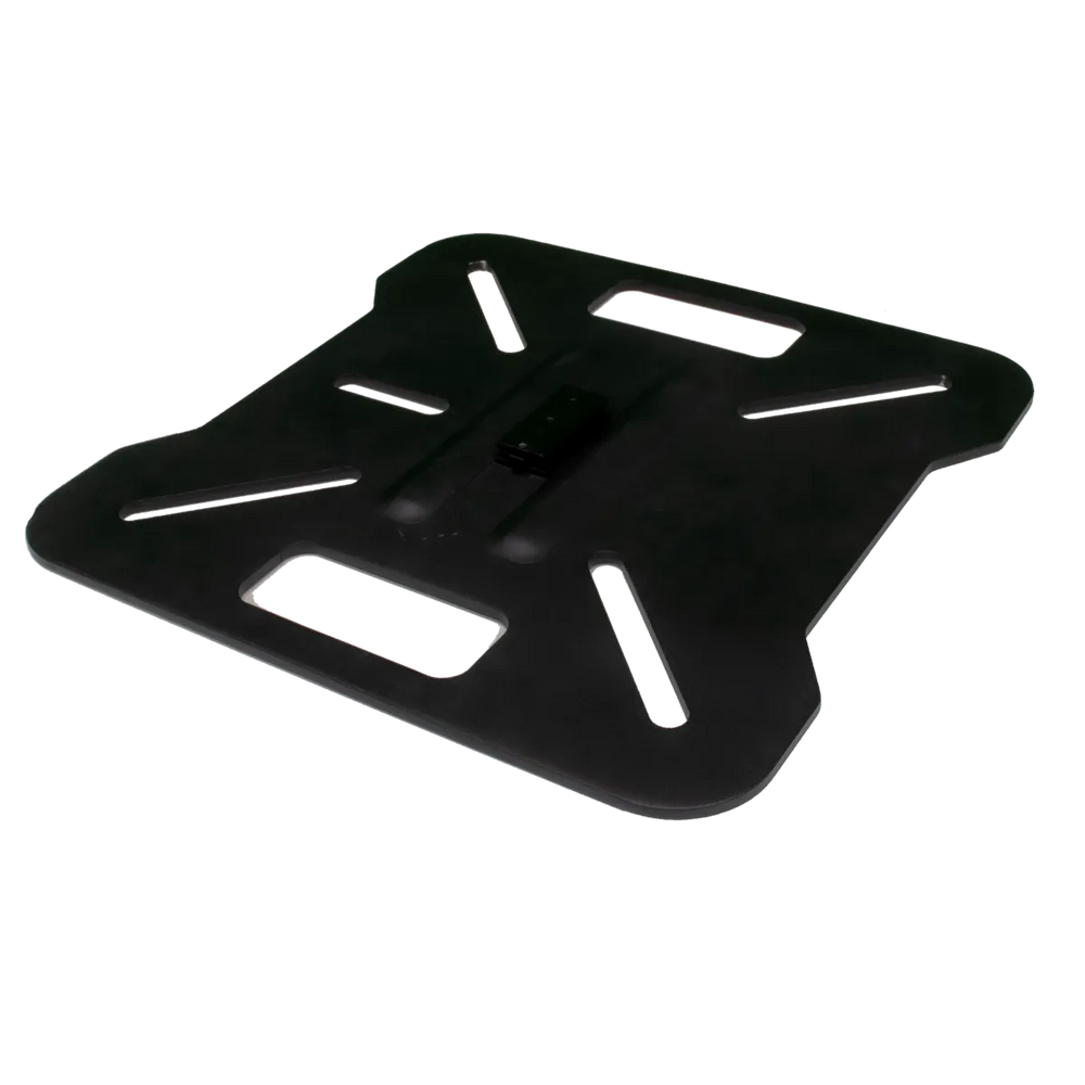 Astera BrickBase aluminum base plate for PixelBrick angle view showing black mounting slots and ventilation cutouts transparent background