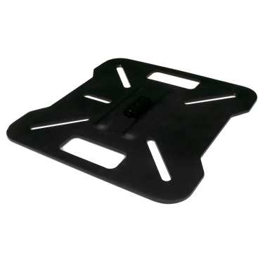 Astera BrickBase aluminum base plate for PixelBrick angle view showing black mounting slots and ventilation cutouts transparent background