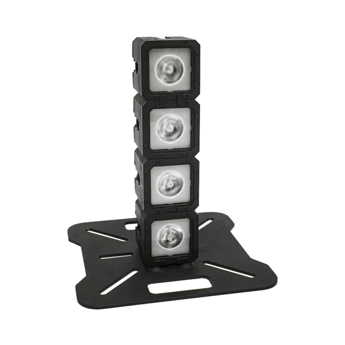 Astera BrickBase with four PixelBrick fixtures stacked vertically floor standing front angle view transparent background