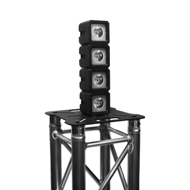 Astera BrickBase with four PixelBrick fixtures stacked vertically mounted on aluminum truss transparent background