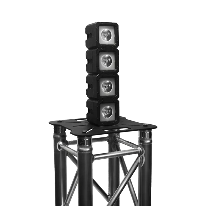 Astera BrickBase with four PixelBrick fixtures stacked vertically mounted on aluminum truss transparent background