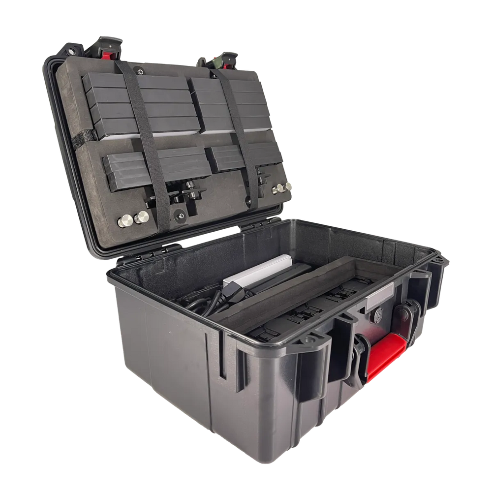 Astera Charging Case for HydraPanel open foam inserts charging contacts red latches transparent background