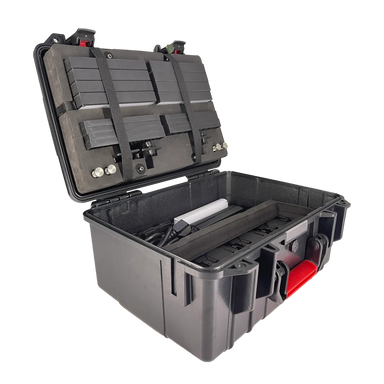 Astera Charging Case for HydraPanel open foam inserts charging contacts red latches transparent background