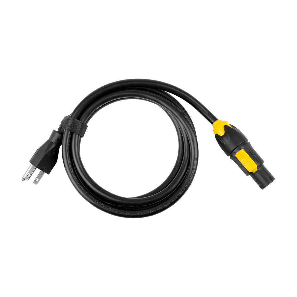 Astera charging cord for AX2 AX5 AX9 and AX10 with Powercon True 1 yellow connector and US power plug 1.5m black coiled cable on transparent background