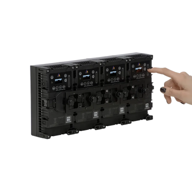 Astera ConnectorPlate for HydraPanel two panels combined rear view hand demonstrating LCD displays controls transparent background