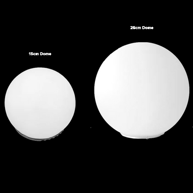 Astera Diffuser Dome for AX5 TriplePAR 15cm and 25cm white frosted spheres size comparison on black background