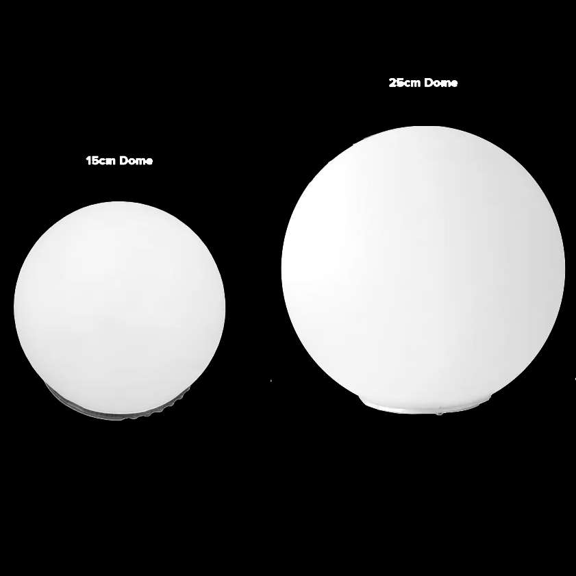 Astera Diffuser Dome for AX5 TriplePAR 25cm and 15cm white frosted spheres size comparison on black background