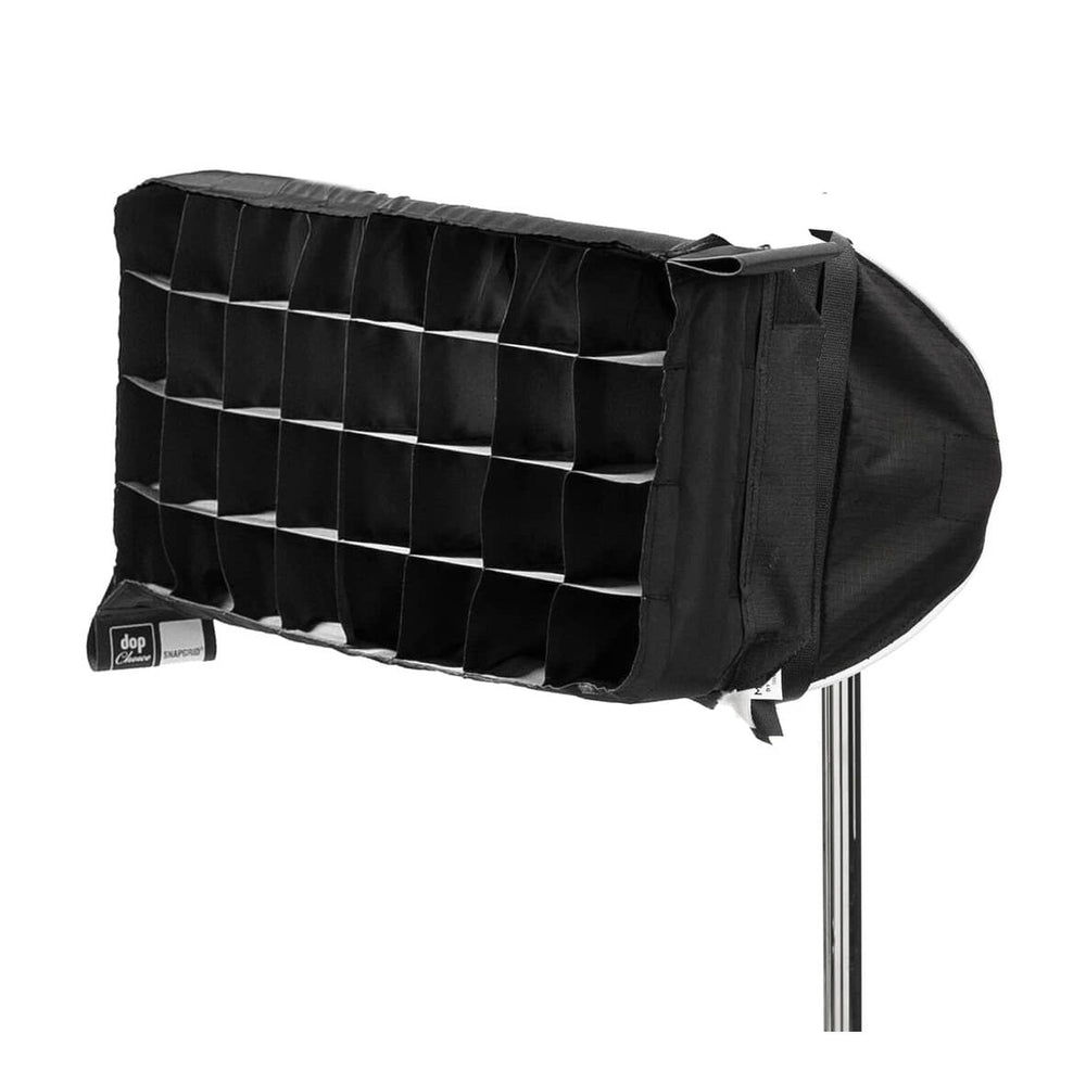 Astera DOP Choice SnapGrid 40 degree fabric egg crate grid accessory mounted on LED panel light black nylon softbox grid for beam control on white background