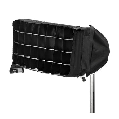 Astera DOP Choice SnapGrid 40 degree fabric egg crate grid accessory mounted on LED panel light black nylon softbox grid for beam control on white background