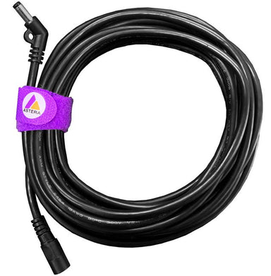 Astera 5m extension cable male to female for Titan Helios and Hyperion power supply black coiled cable with purple velcro strap on white background