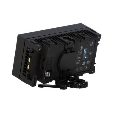 Astera FlexBase attached to HydraPanel rear view showing back panel controls LCD display battery plate and FlexBase folded underneath transparent background