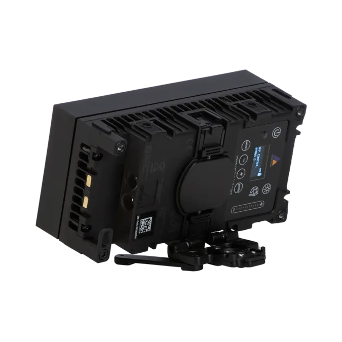 Astera FlexBase attached to HydraPanel rear view showing back panel controls LCD display battery plate and FlexBase folded underneath transparent background