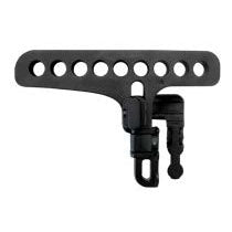 Astera FlyBar rigging accessory for AX2 black metal bracket with multiple mounting holes and clamp attachment on white background