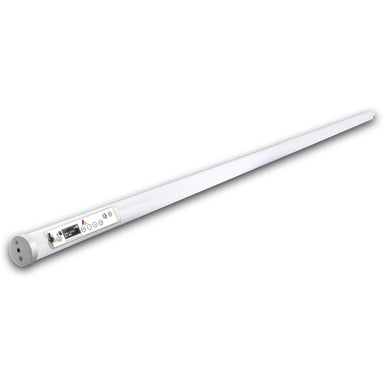 Astera FP3 Hyperion LED tube light angled view showing full length white tube with control panel LCD display navigation buttons battery status and charging contact pins for professional wireless lighting on white background