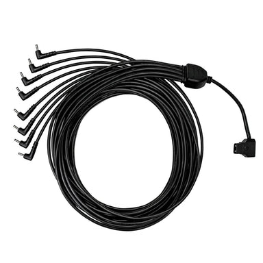 Astera FP5 daisy chain D-Tap power distribution cable black coiled with multiple angled DC barrel connectors and D-Tap input for powering multiple LED fixtures on white background
