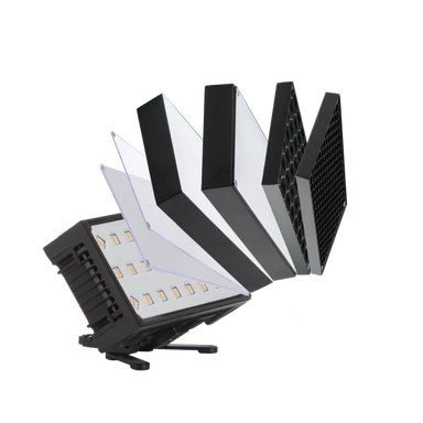 Astera FP6 HydraPanel with all modifier accessories fanned out in circular arrangement showing diffusion sheets honeycomb grids FlexBase and ConnectorPlate around base unit on transparent background