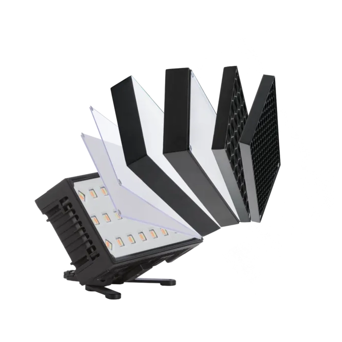 Astera FP6 HydraPanel with all modifier accessories fanned out in circular arrangement showing diffusion sheets honeycomb grids FlexBase and ConnectorPlate around base unit on transparent background