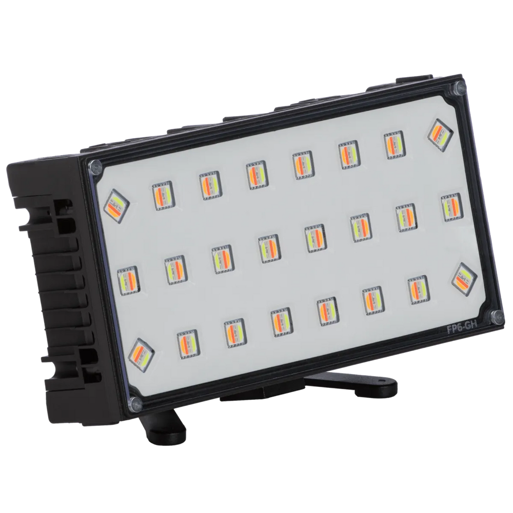 Astera FP6 HydraPanel with FlexBase removed showing naked LED array with individual multi-color LED chips in rows on black housing angled view transparent background