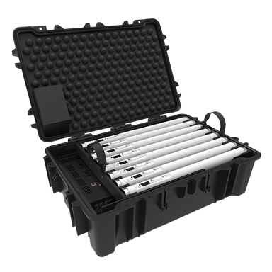 Astera Helios charging case open rugged hard case with eight LED tube lights foam padded lid and power box included